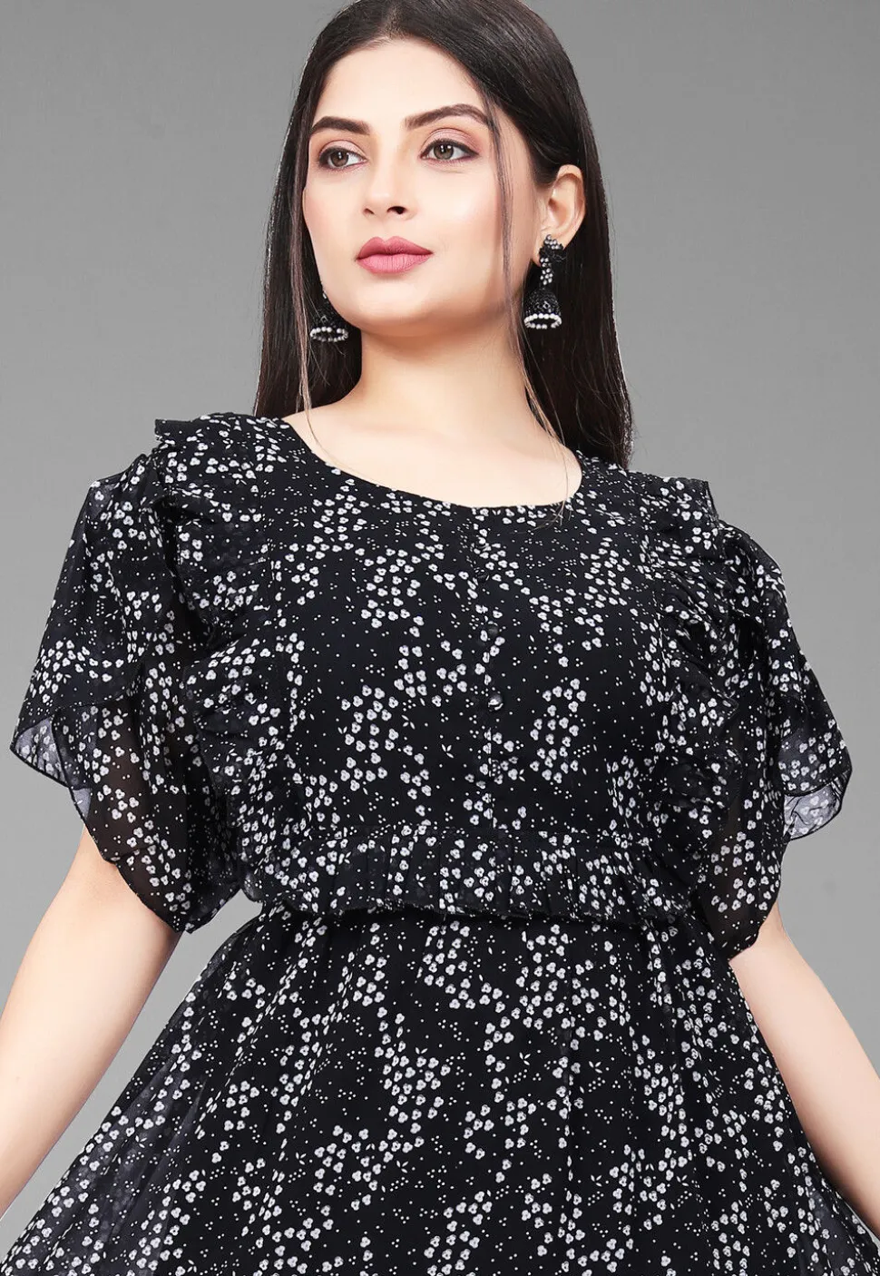 Digital Printed Georgette Maxi Dress in Black