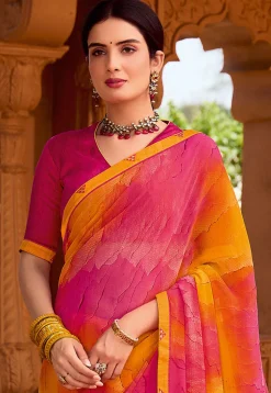 Digital Printed Georgette Saree in Pink and Yellow