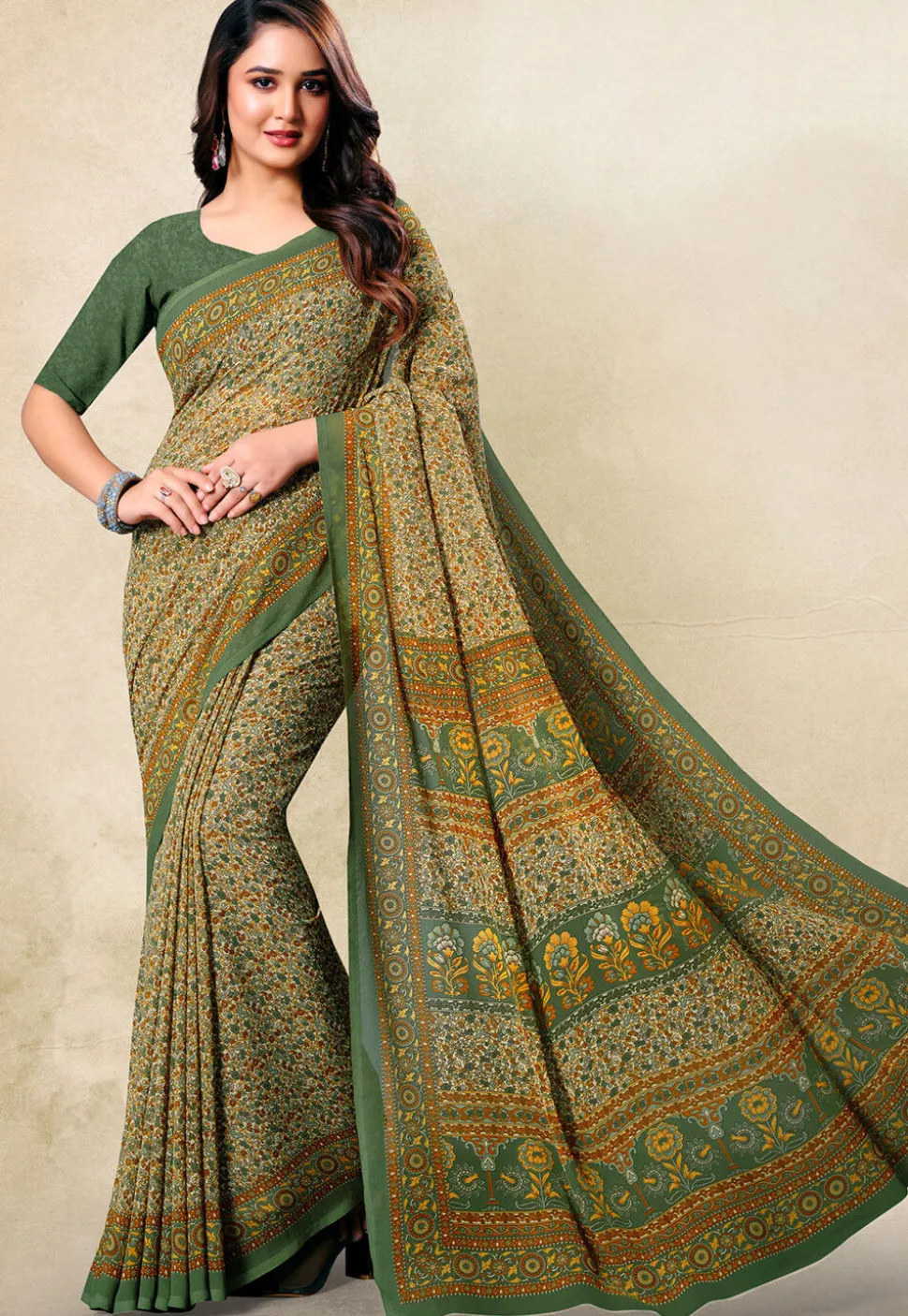 Digital Printed Georgette Saree in Cream and Green