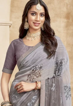 Digital Printed Georgette Saree in Grey