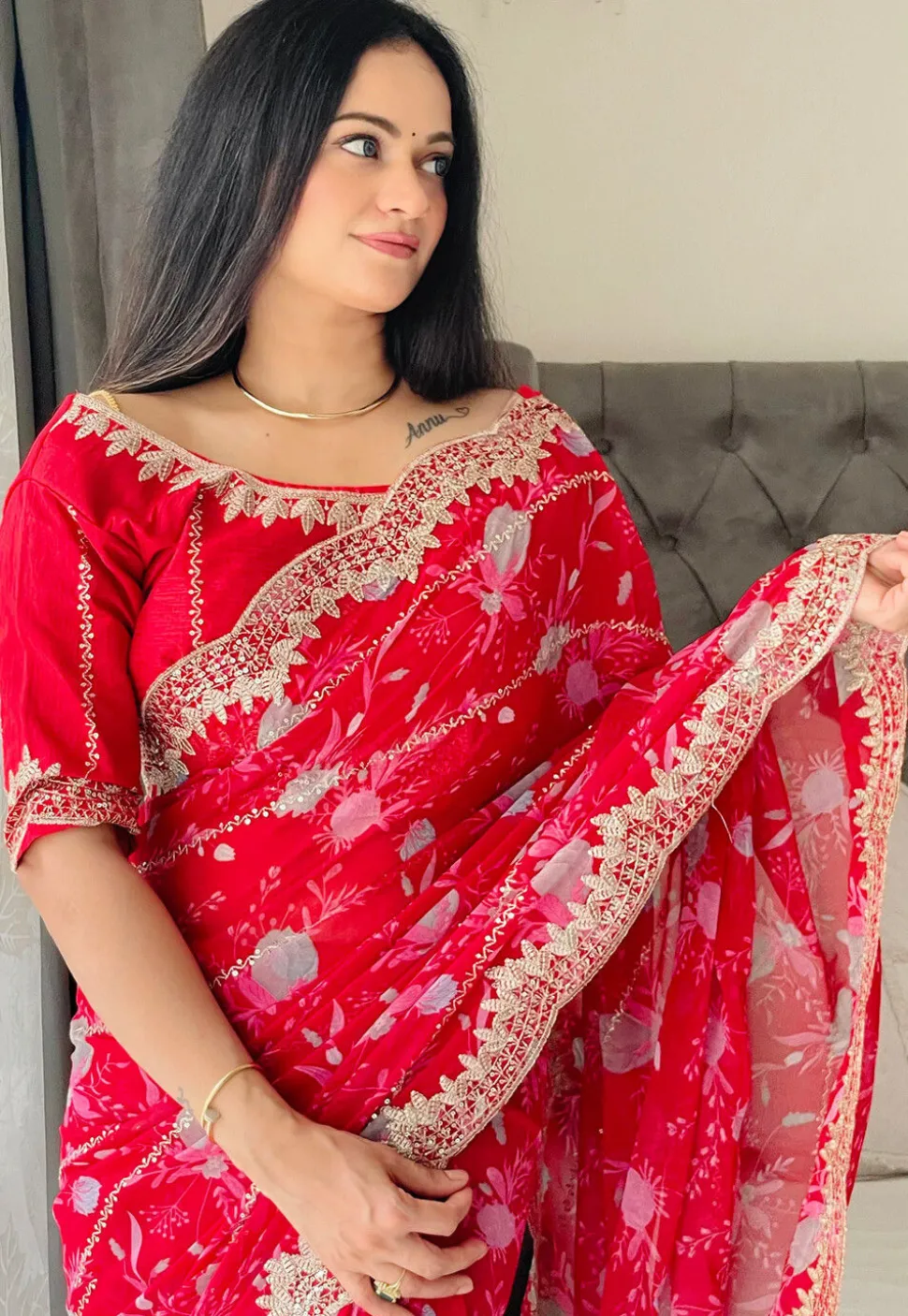 Digital Printed Georgette Scalloped Saree in Red