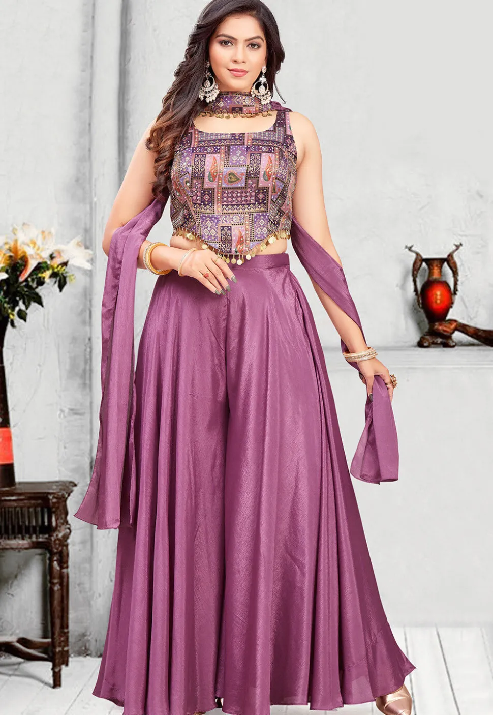 Digital Printed Georgette Crop Top Set in Purple