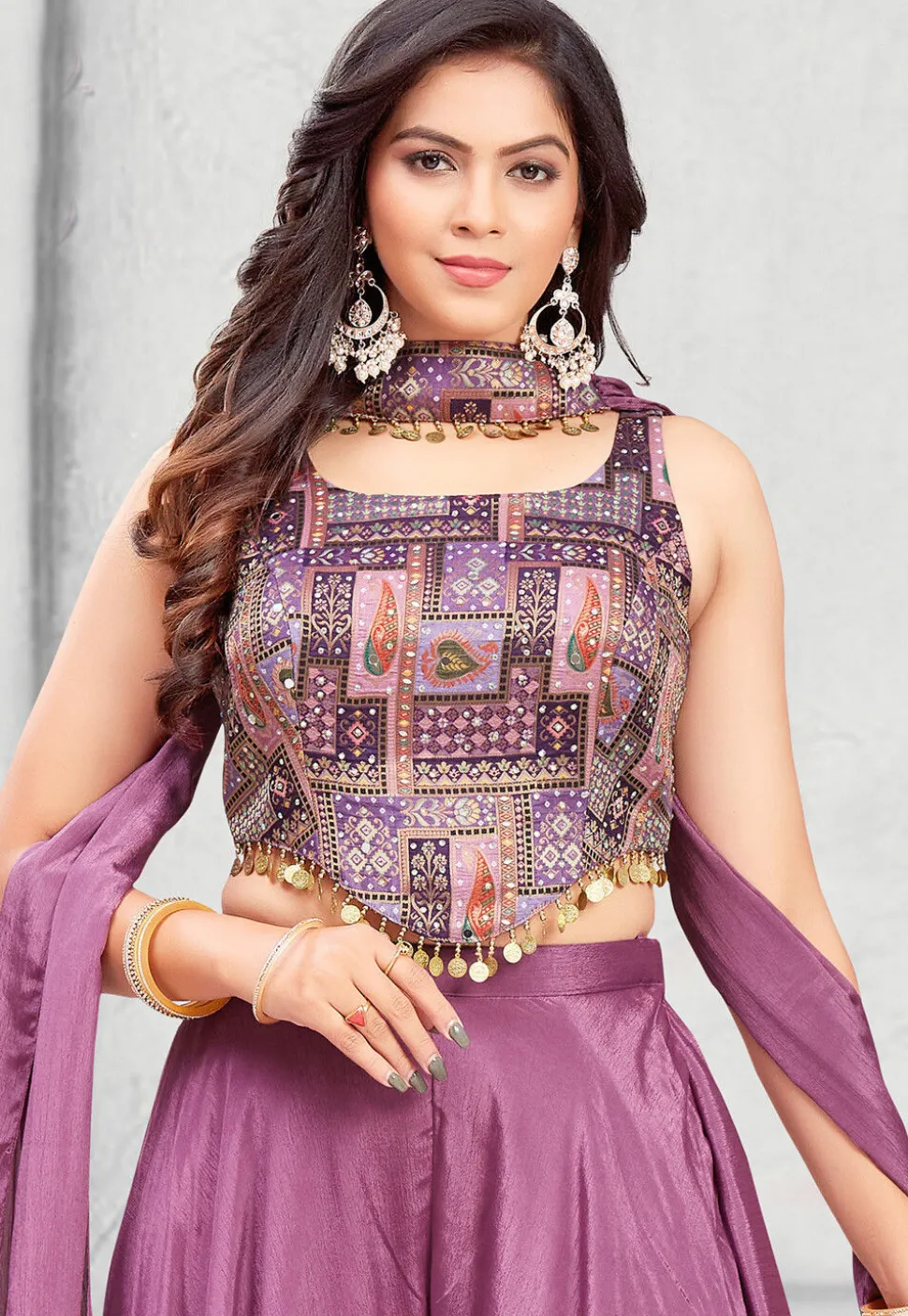 Digital Printed Georgette Crop Top Set in Purple