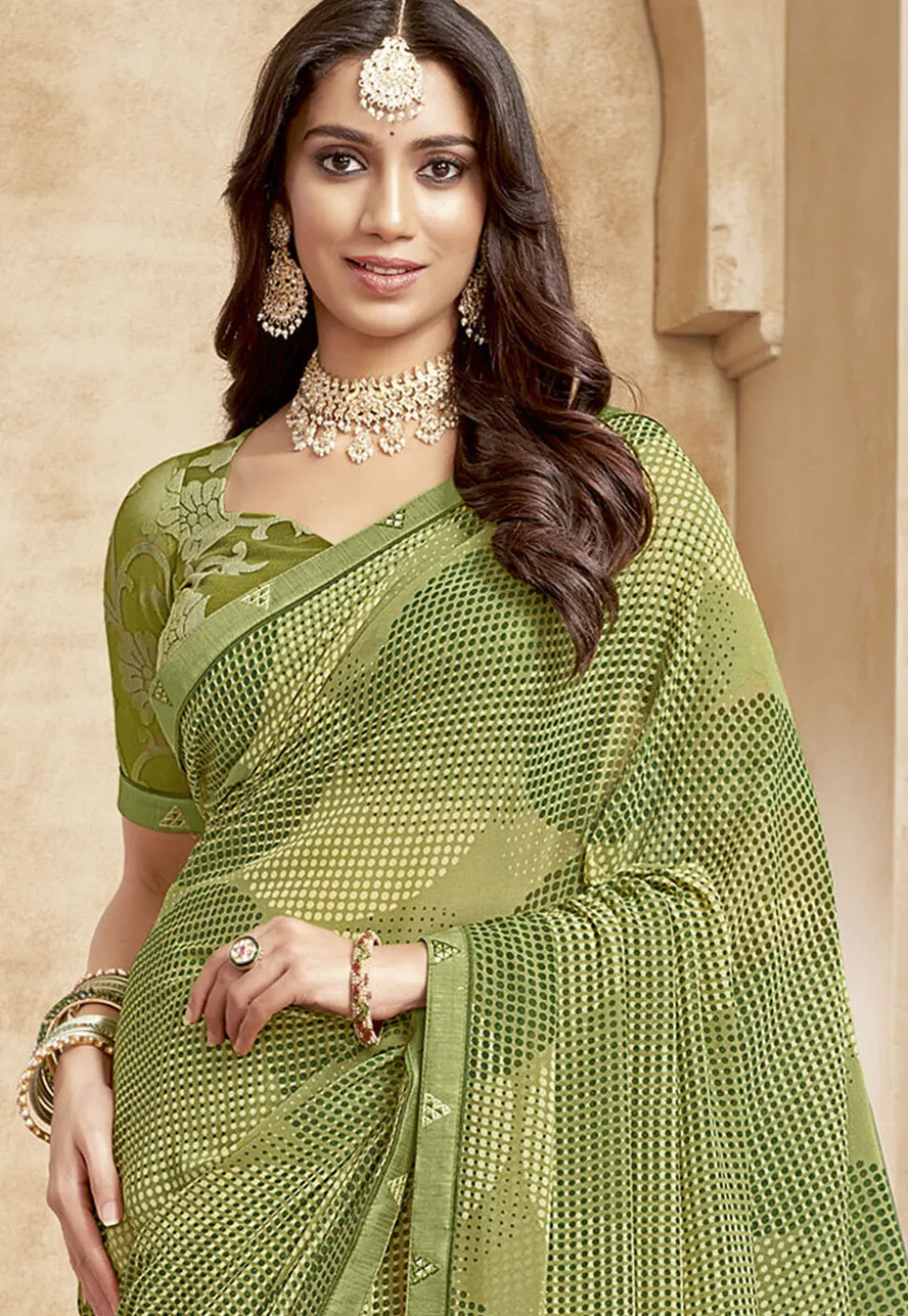 Digital Printed Georgette Saree in Green