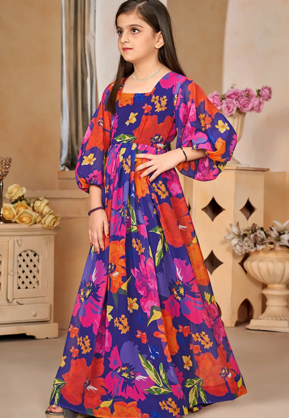Digital Printed Georgette Gown in Navy Blue