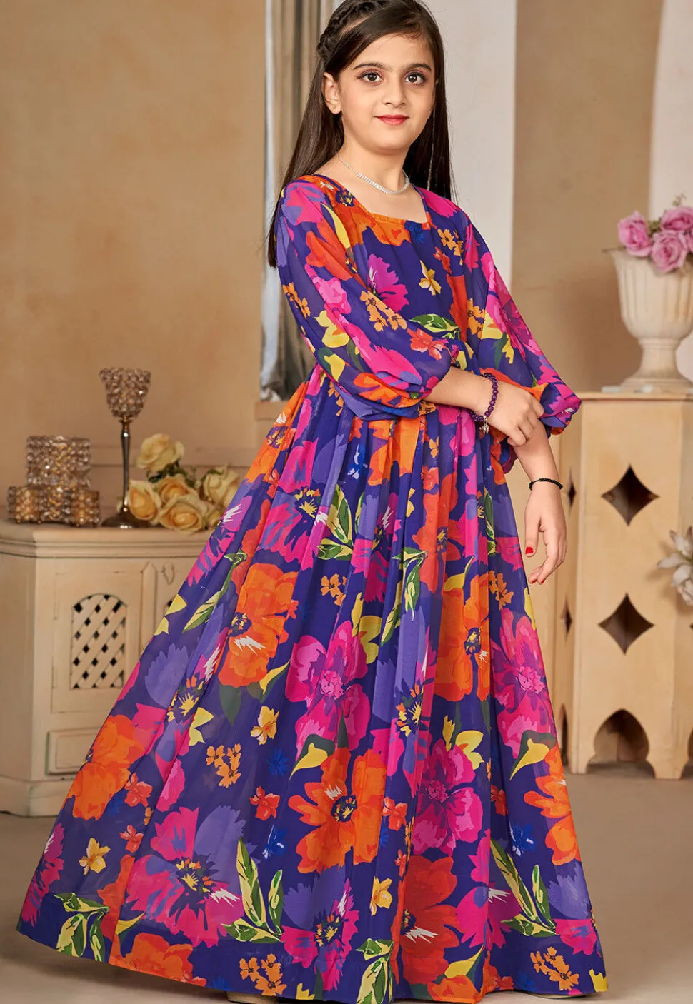 Digital Printed Georgette Gown in Navy Blue