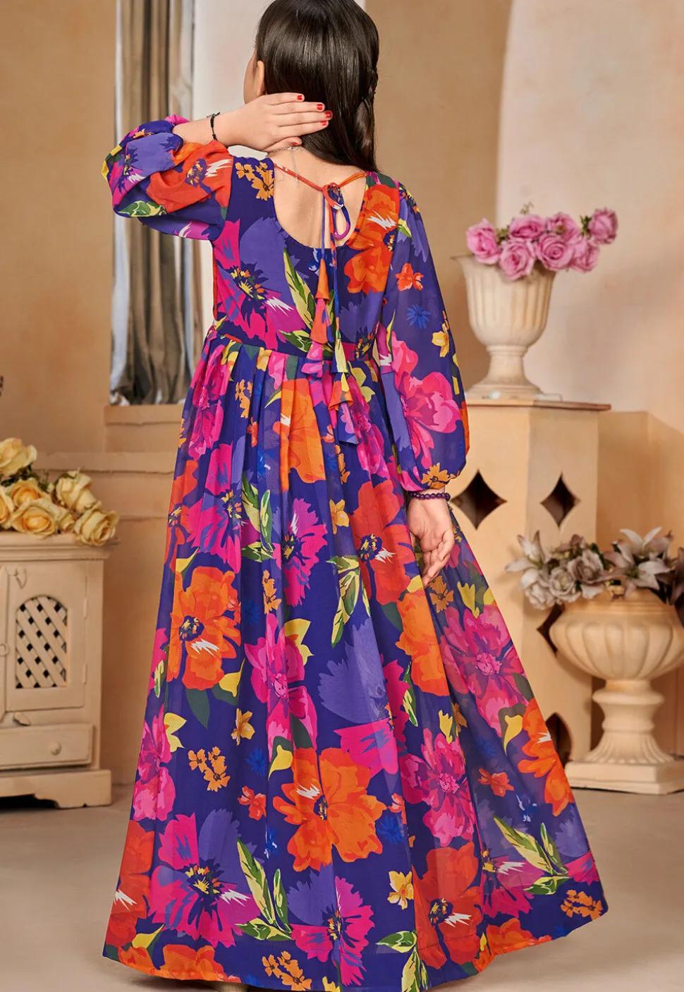 Digital Printed Georgette Gown in Navy Blue