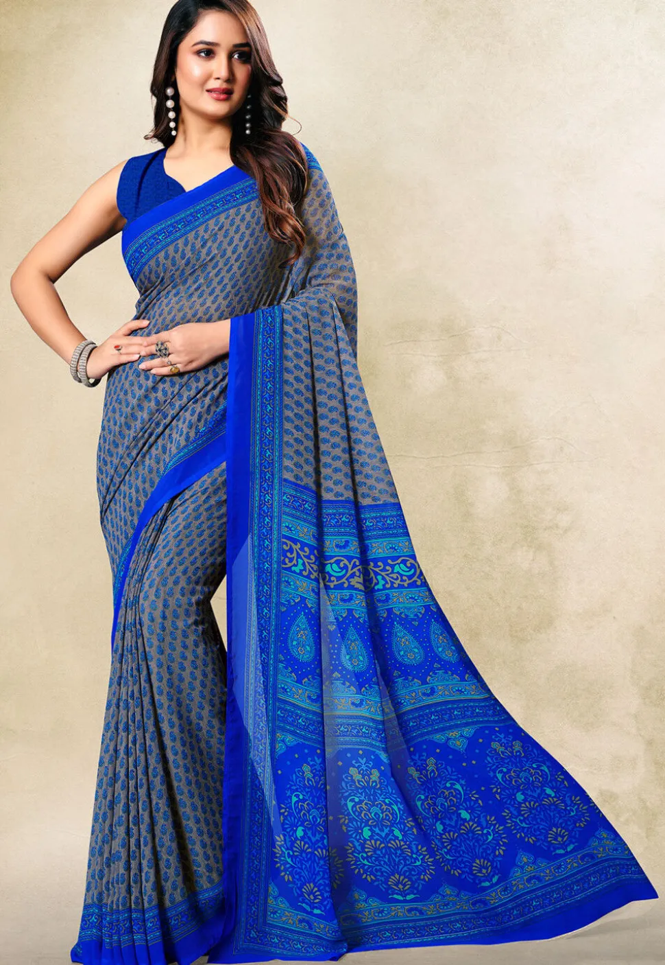 Digital Printed Georgette Saree in Light Grey