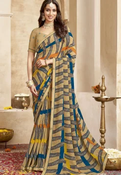 Digital Printed Georgette Saree in Beige