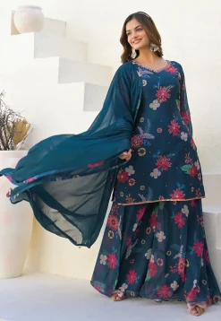 Digital Printed Georgette Pakistani Suit in Teal Blue