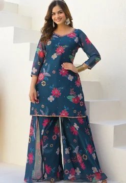 Digital Printed Georgette Pakistani Suit in Teal Blue