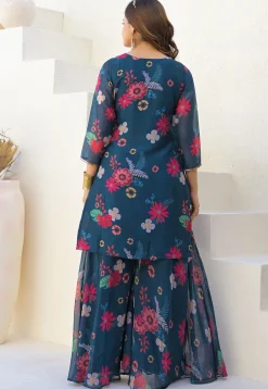 Digital Printed Georgette Pakistani Suit in Teal Blue