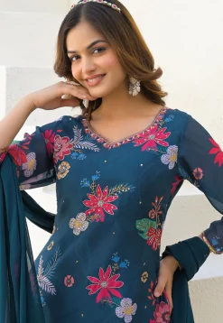 Digital Printed Georgette Pakistani Suit in Teal Blue