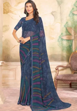 Digital Printed Georgette Saree in Blue