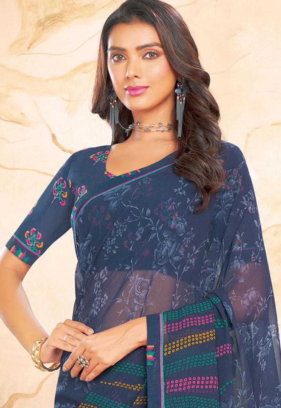 Digital Printed Georgette Saree in Blue