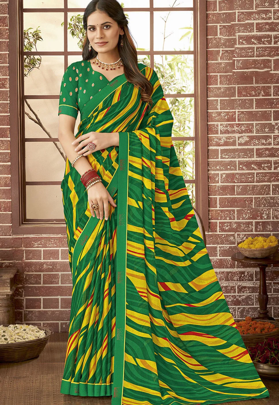 Digital Printed Georgette Saree in Green