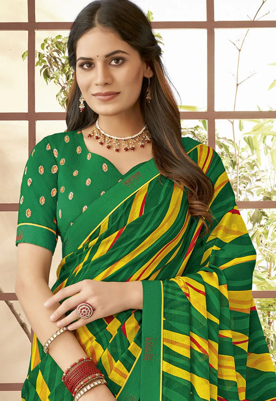 Digital Printed Georgette Saree in Green