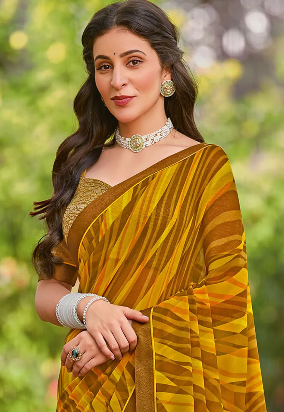 Digital Printed Georgette Saree in Mustard