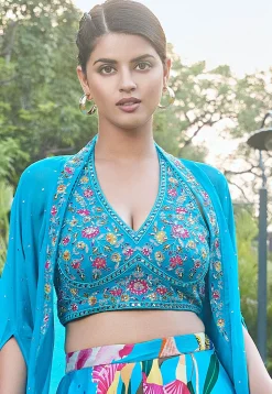 Digital Printed Georgette Crop Top Set in Blue