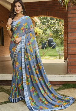Digital Printed Georgette Saree in Blue