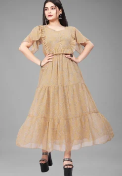 Digital Printed Georgette Maxi Dress in Beige