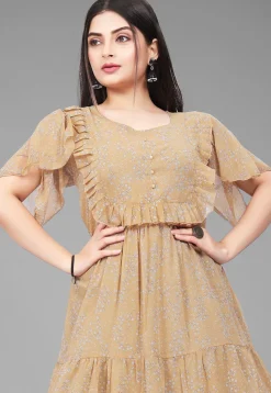 Digital Printed Georgette Maxi Dress in Beige