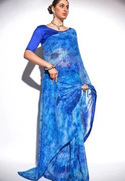 Digital Printed Georgette Saree in Blue
