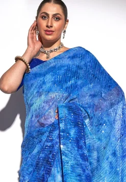 Digital Printed Georgette Saree in Blue