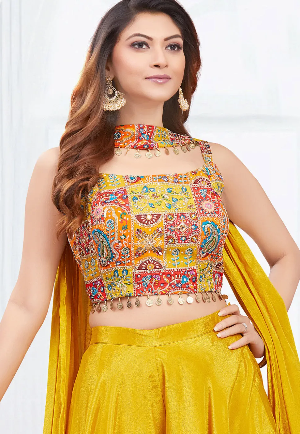 Digital Printed Georgette Crop Top Set in Mustard