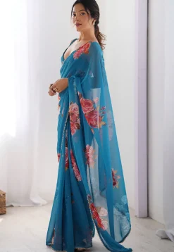 Digital Printed Georgette Saree in Blue