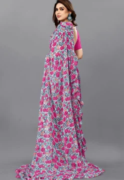 Digital Printed Georgette Saree in Grey