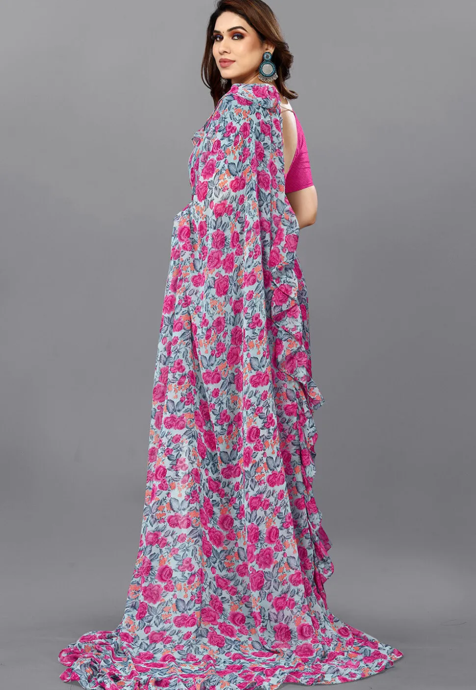 Digital Printed Georgette Saree in Grey
