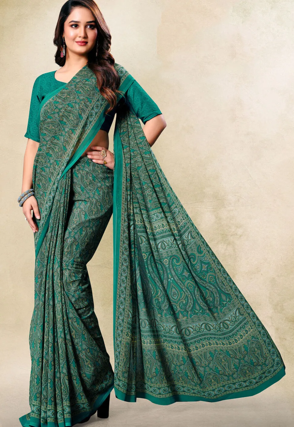 Digital Printed Georgette Saree in Teal Green