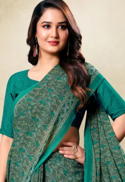 Digital Printed Georgette Saree in Teal Green