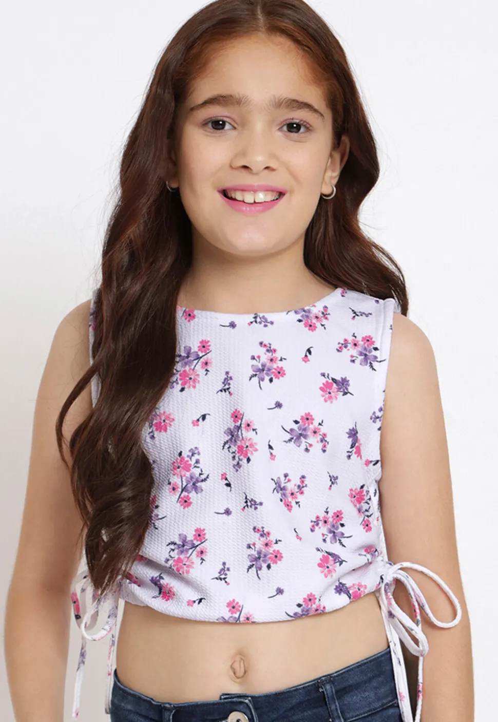Digital Printed Georgette Lycra (Elastane) Crop Top in White