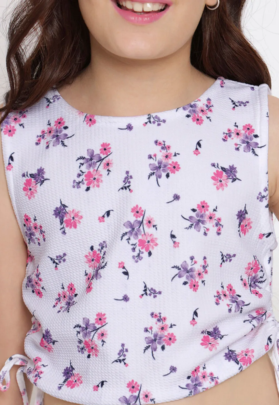 Digital Printed Georgette Lycra (Elastane) Crop Top in White