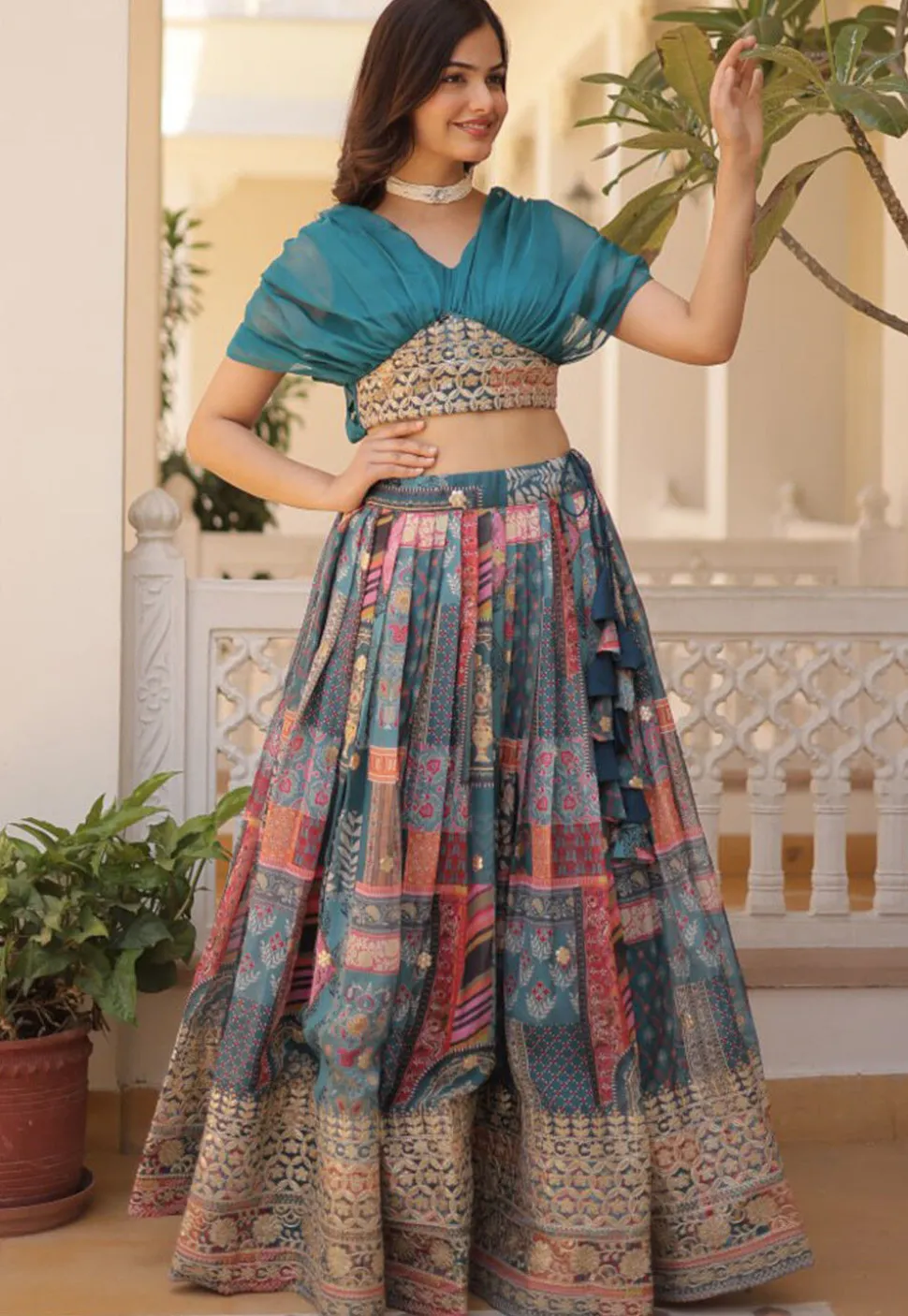 Digital Printed Georgette Lehenga in Teal Blue