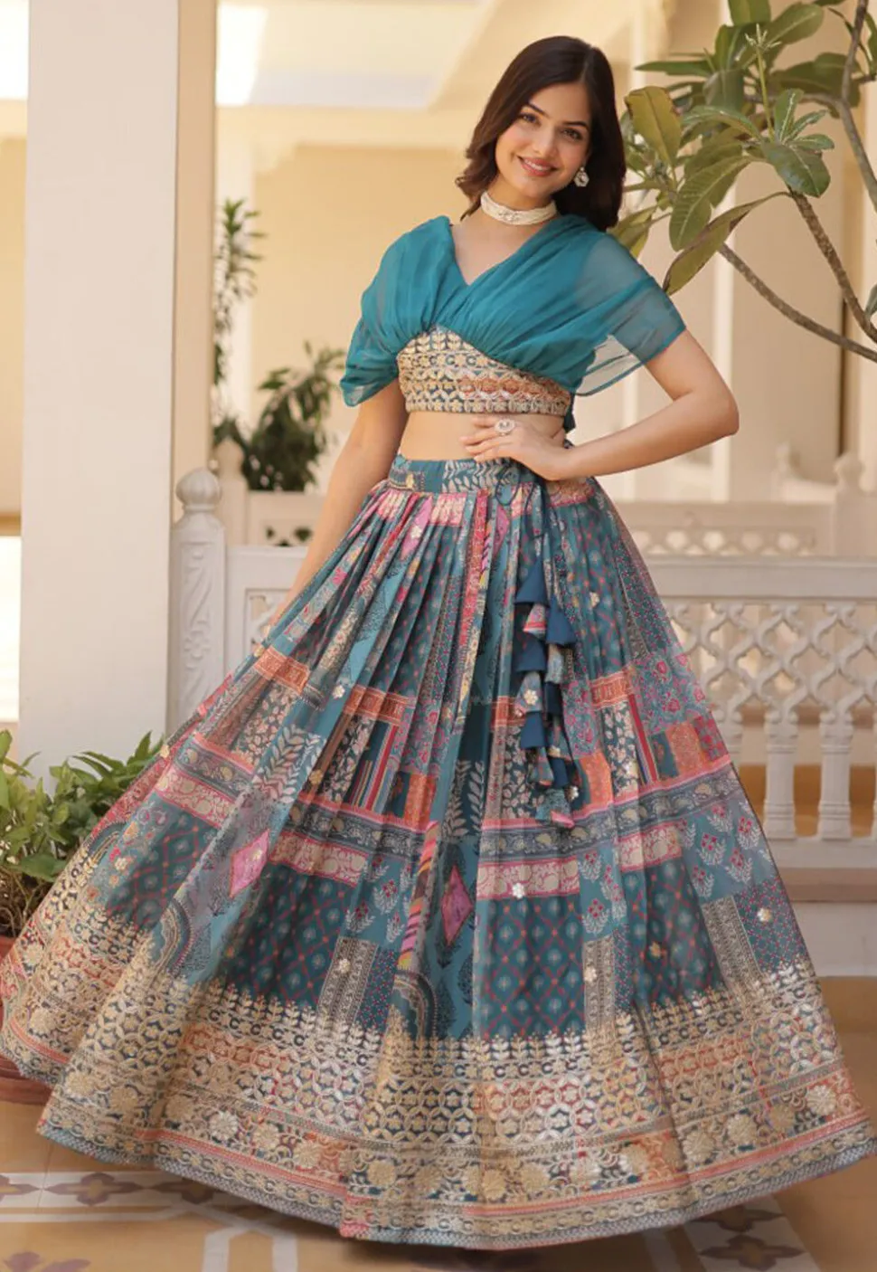 Digital Printed Georgette Lehenga in Teal Blue