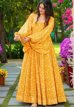 Digital Printed Georgette Gown in Mustard