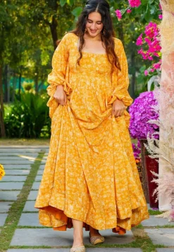 Digital Printed Georgette Gown in Mustard