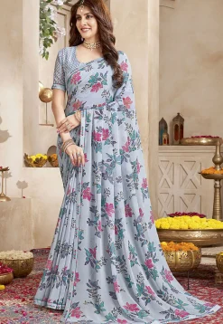 Digital Printed Georgette Saree in Dusty Blue