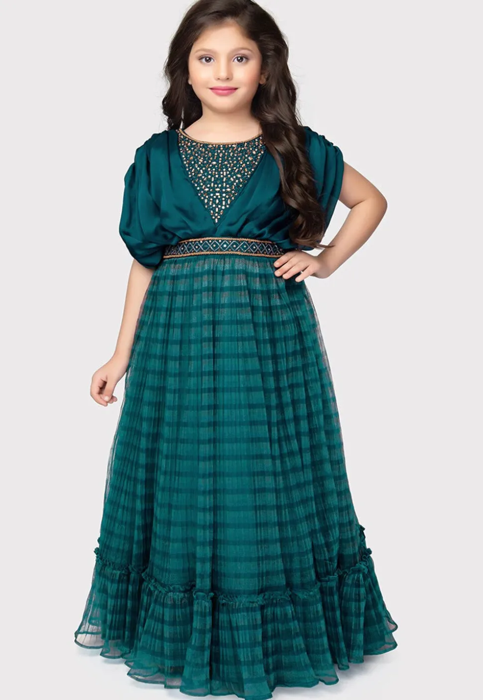 Digital Printed Georgette Gown in Teal Blue
