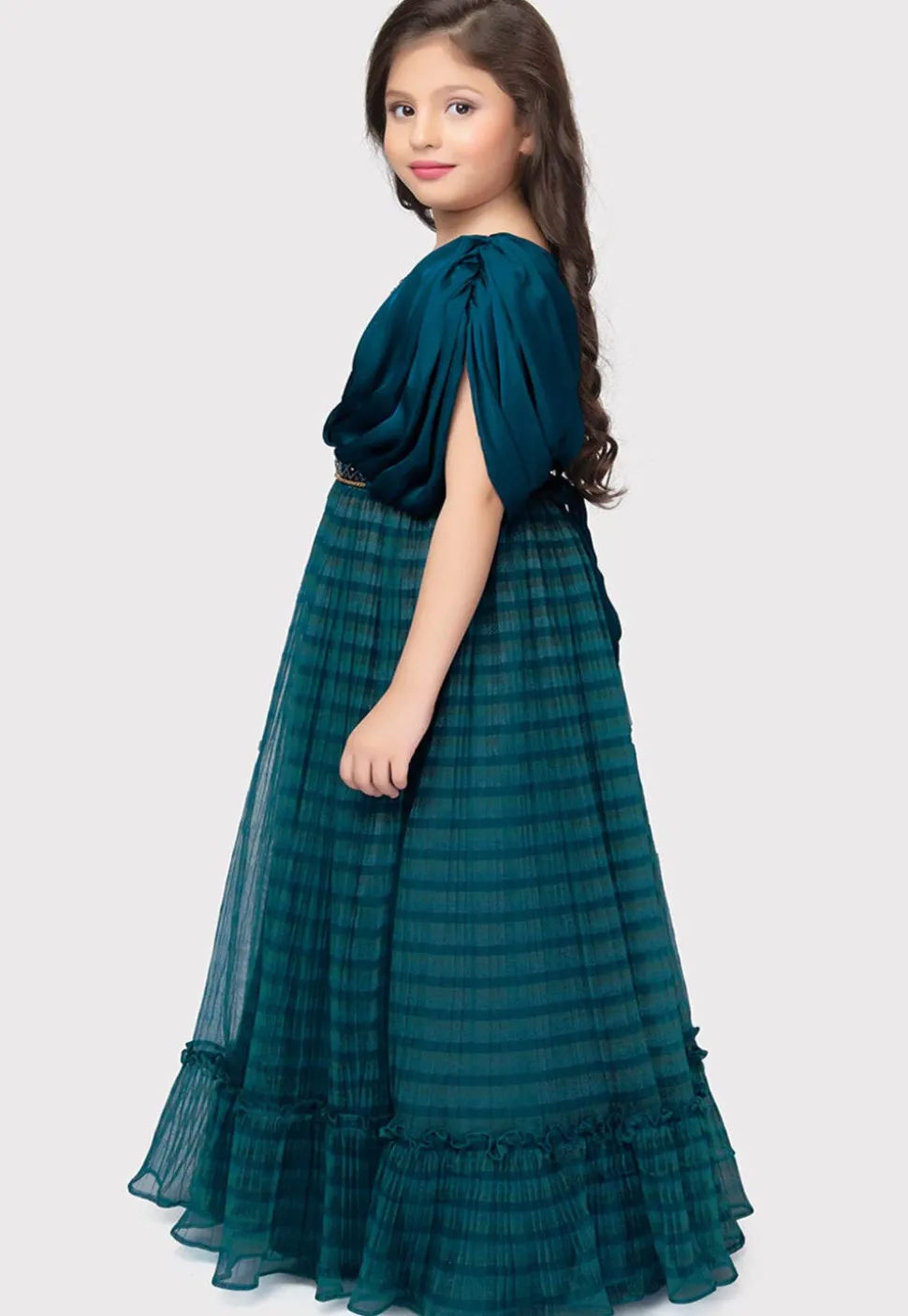 Digital Printed Georgette Gown in Teal Blue