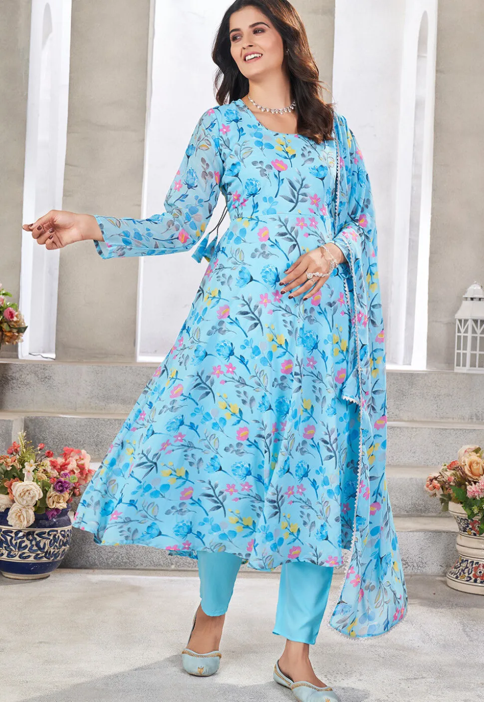 Digital Printed Georgette A Line Suit in Sky Blue