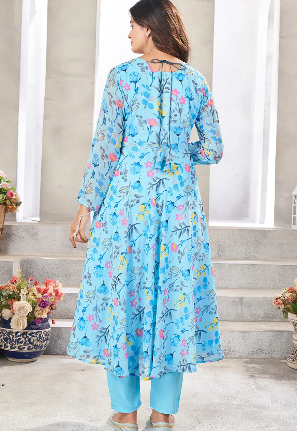 Digital Printed Georgette A Line Suit in Sky Blue