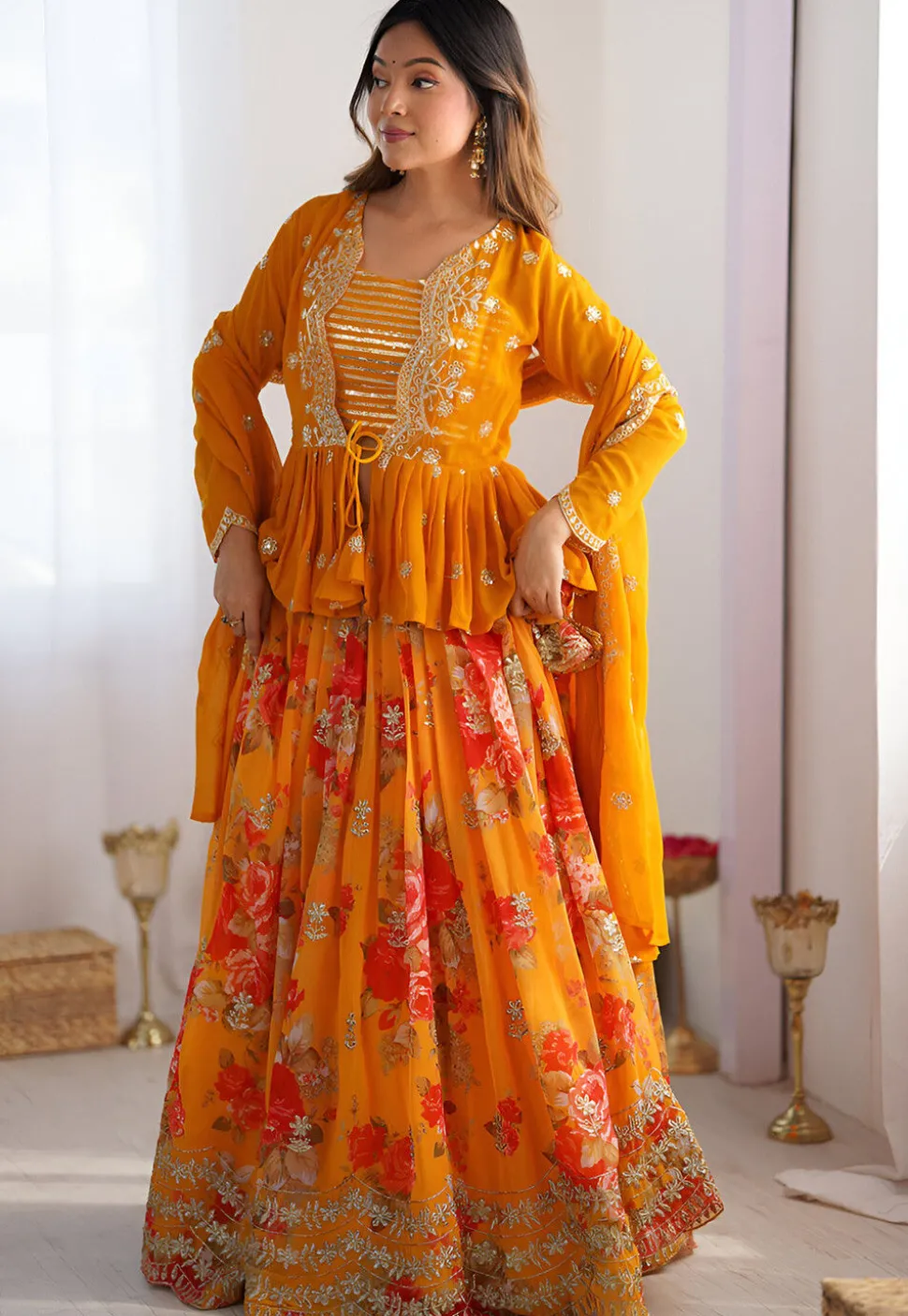 Digital Printed Georgette Lehenga in Yellow