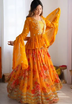 Digital Printed Georgette Lehenga in Yellow