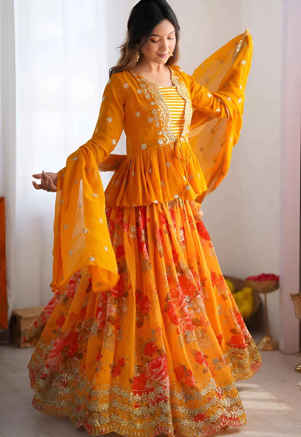 Digital Printed Georgette Lehenga in Yellow