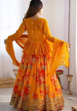 Digital Printed Georgette Lehenga in Yellow