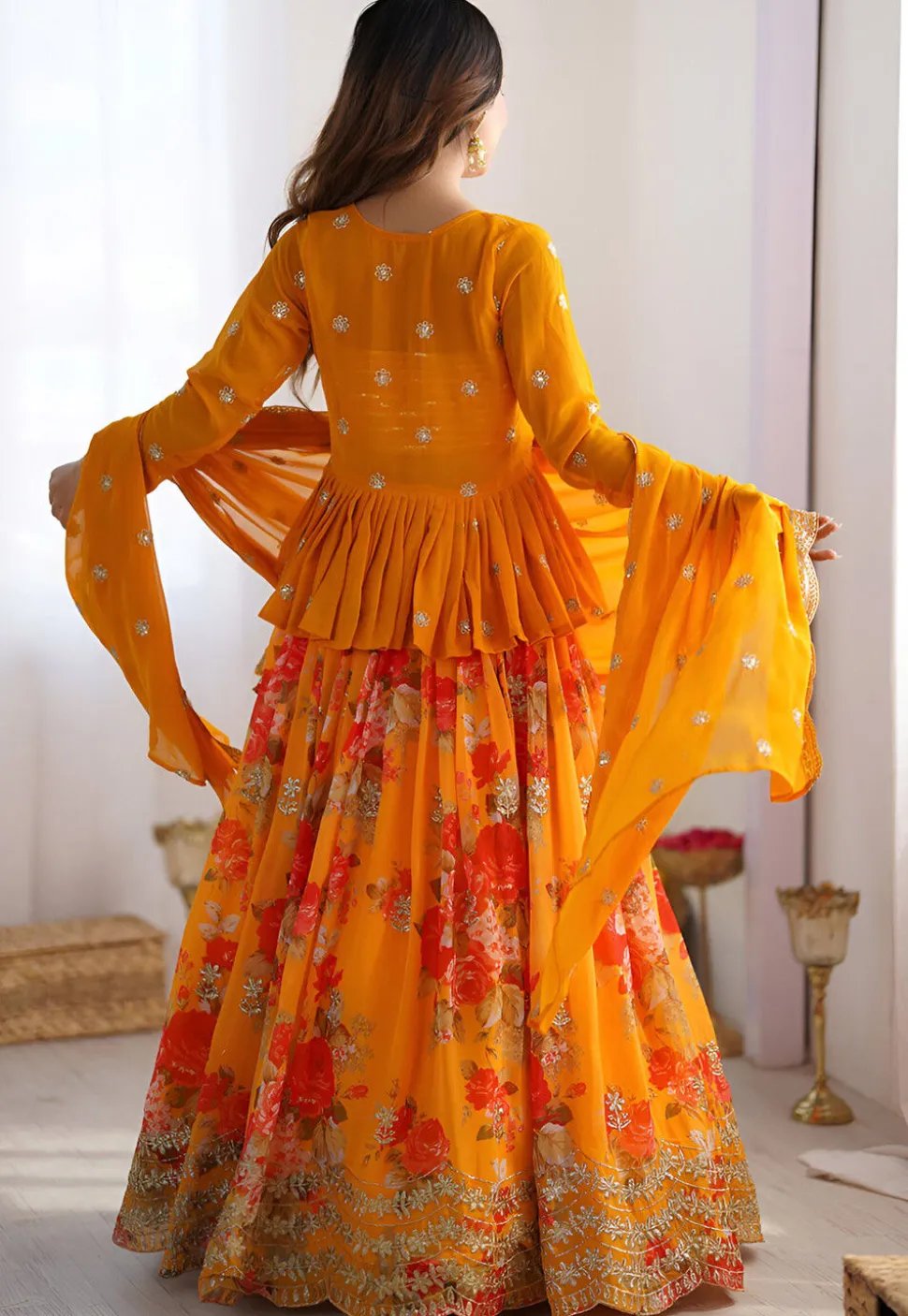 Digital Printed Georgette Lehenga in Yellow